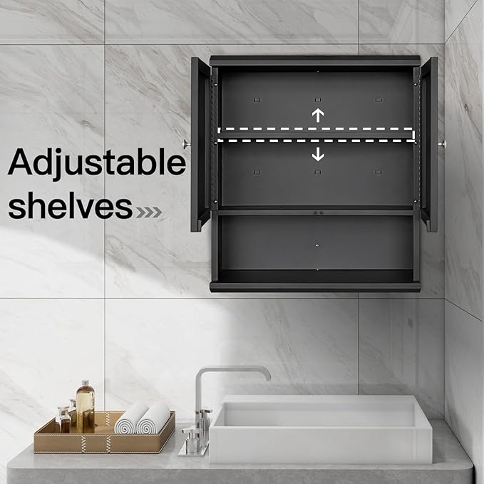 Fundin Black Bathroom Wall Metal Cabinet with Hidden Tissue Slot & Adjustable Shelves, Over The Toilet Storage Cabinet for Bathroom Laundry Room
