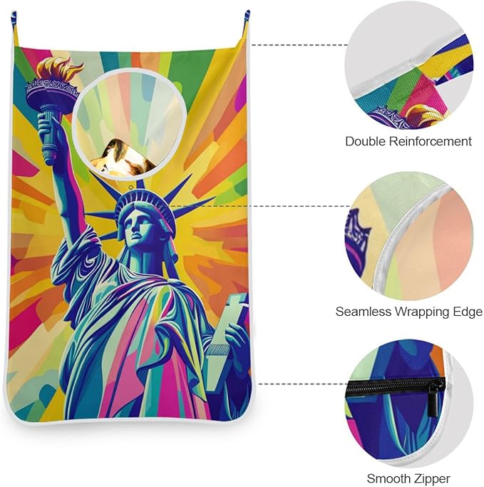Hanging Laundry Hamper with Stainless Steel Hooks,Oxford Fabric Printing Door Laundry Clothes Bag, 29.5X20inch 1PCS Bright Statue Of Liberty and Torch