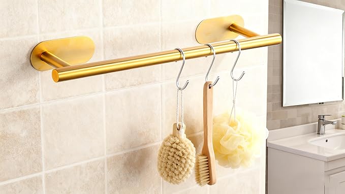 SEIDO Adhesive Towel Bar, 16 Inch Gold Towel Bar for Bathroom, Stainless Steel Towel Racks for Bathroom, No Drilling Needed, Brushed Gold