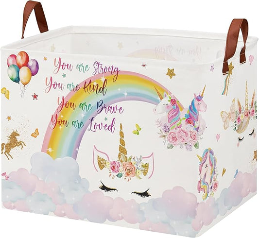Unicorn Gift Bag Pink Kids Laundry Basket Rainbow Cloud Unicorn Nursery Decor Laundry Hamper ,Room Decor for Girls Bedroom, Rectangular Storage Box Cute Shelf Basket Clothes Book Toy Box Bin
