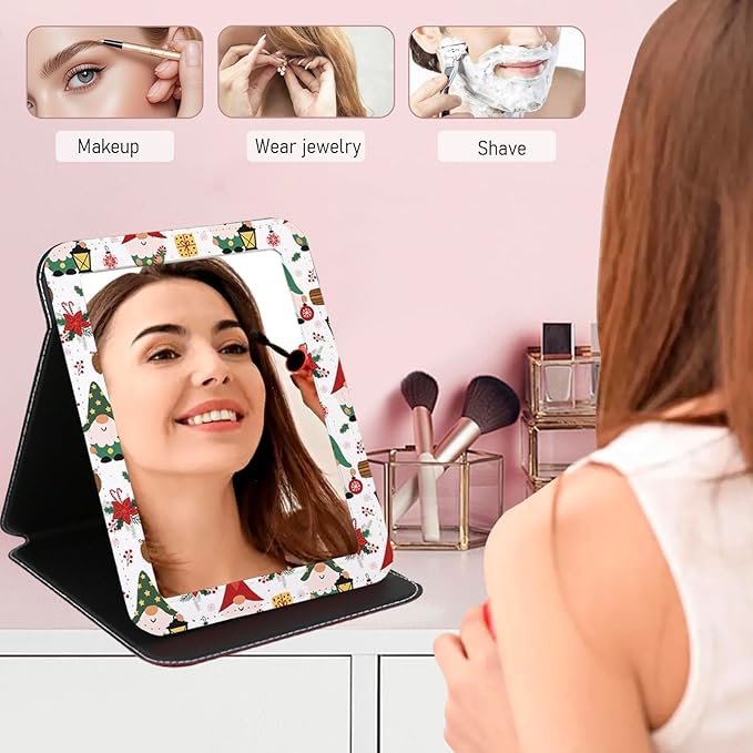 Folding Travel Mirror with Stand, 8.9"x 6.5" PU Leather Compact Desk Mirror, Adjustable 90°-180° Angle, Ultrathin Portable Hand Mirror for Travel, Camping, Office, Home (Santa Claus Design)