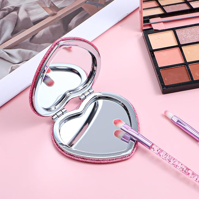 Qianyu Compact Folding Mirror Heart Shaped Double-Sided 1X/2X Magnifying Mirror Cute Mini Glitter Makeup Mirror with PU Leather Ultra-Portable Cosmetic Mirror for Women Home Office Travel (Rose red)