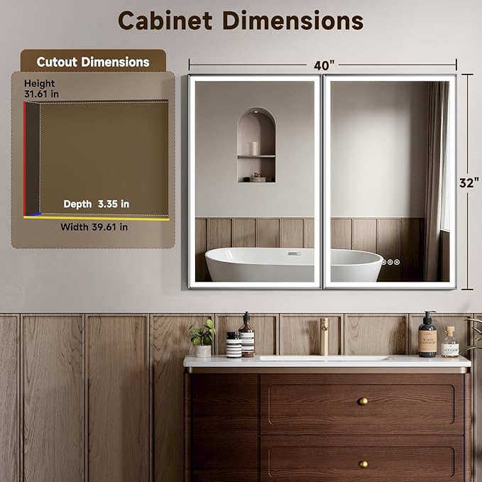 40X32 Inches Framed Medicine Cabinet with Lights, Bathroom Medicine Cabinet with 3-Color/Dimmable, Anti-Fog, Plug-in & Hardwired, Surface Mount & Recessed