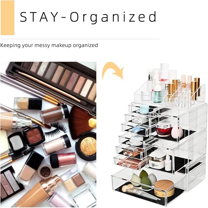 Makeup Organizer,Large Clear Acrylic Makeup drawers Cosmetic Makeup and Jewelry Storage Case Display Box With 10 Large Drawers,Great for Bathroom, Dresser, Vanity and Countertop