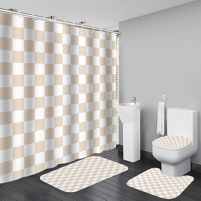 4 PCS Checkered Shower Curtain Sets Fun Gingham Bathroom Sets Soft Non Slip Bath Rugs Toilet Cover U-Shaped Mat Retro Bright Waterproof Shower Curtains with 12 Hooks for Tub Toilet, Beige