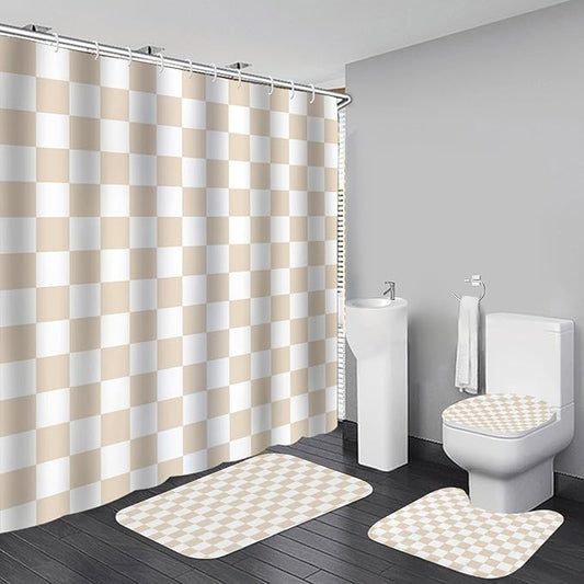 4 PCS Checkered Shower Curtain Sets Fun Gingham Bathroom Sets Soft Non Slip Bath Rugs Toilet Cover U-Shaped Mat Retro Bright Waterproof Shower Curtains with 12 Hooks for Tub Toilet, Beige