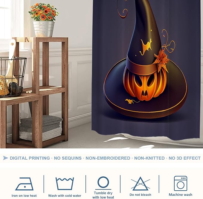 Shrahala Happy Halloween Funny Decorative Shower Curtain, Witch Hat Pumpkin Horror Purple Background Bathroom Décor Polyester Fiber Waterproof with Plastic Rings for Shower Stall Bathtubs 72 x 36 in