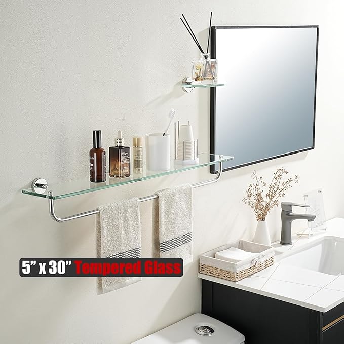 JQK Bathroom Glass Shelf Polished Chome, Shelf with 29 Inch Towel Bar Tempered Glass Shower Storage 30 by 5 inches, 304 Stainless Steel Silver Finish Wall Mount, TGS100L30-CH