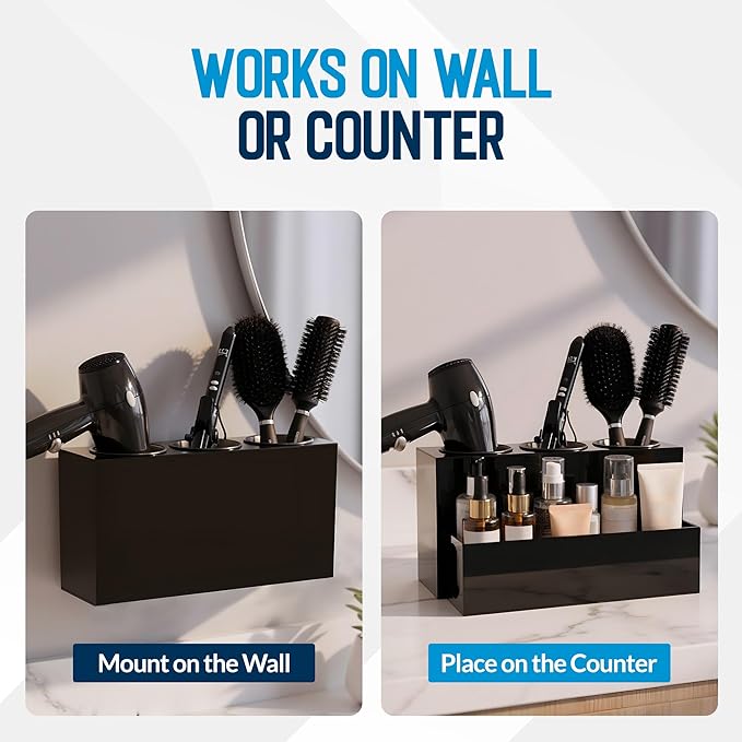 Hair Tool Organizer for Bathroom Vanity – Blow Dryer Holder with Stainless Cups for Hair Dryer, Curling Iron & Straightener, Countertop Hot Tools Holder and Hair Tool Storage (BLACK)