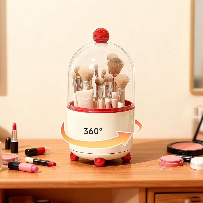 Makeup Brush Holder with Lid, Cosmetic Tools Organizer with Cover, 360?? Rotating Sliding Opening Dustproof Brushes Container for Vanity, Ideal Gift for Girlfriend Wife Friends (Red)
