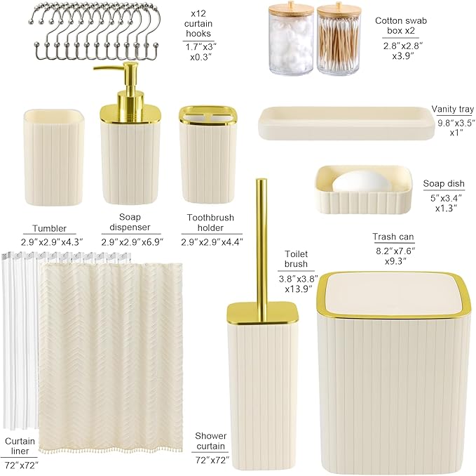 Bathroom Accessories Set-23Pcs Set, Complete Bathroom Decor, Bathroom Set with Shower Curtain & Liner Sets, Trash Can, Soap Dispenser,Modern Bath Essentials (Beige, Bath Set+Shower Curtain Set)