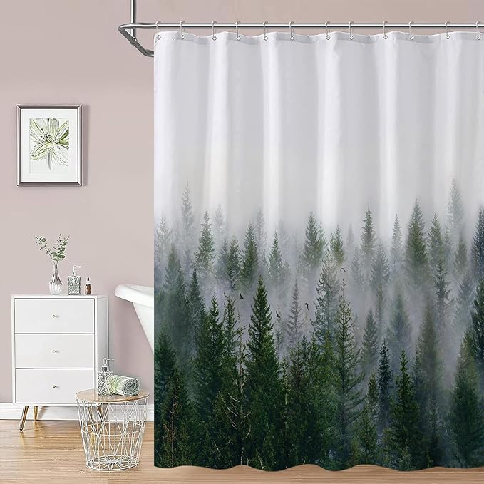 Accnicc Misty Forest Shower Curtain Dark Green Nature Shower Curtains for Bathroom Pine Tree Foggy Woodland Birds Waterproof Fabric Decorative Bath Curtain 72×72 Inch