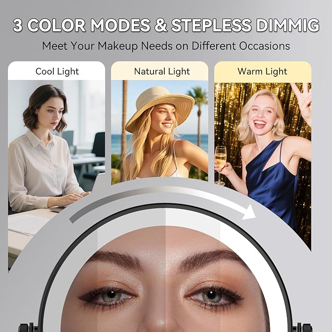 GURUN 8-inch Makeup Mirror with Lights, 1X/20X Magnification Mirror, 3 Color LED Lighting Dual-Sided Vanity Mirror, Touch Control, Ideal Gift for Women M2310D(8in,20X)