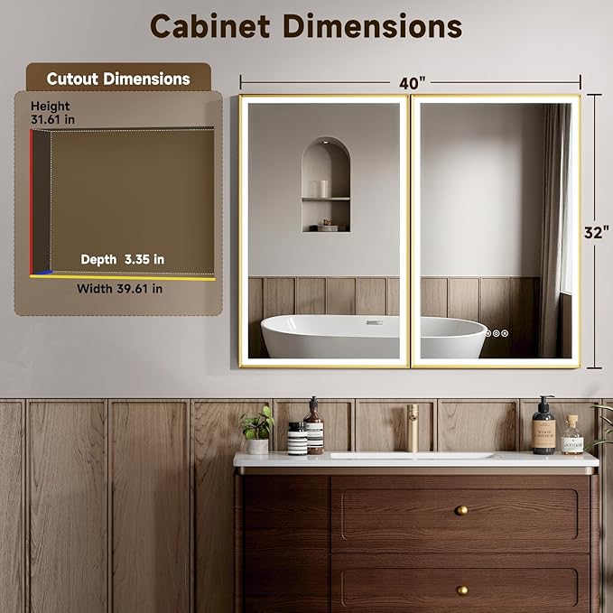 40X32 Inches Framed Medicine Cabinet with Lights, Bathroom Medicine Cabinet with 3-Color/Dimmable, Anti-Fog, Plug-in & Hardwired, Surface Mount & Recessed