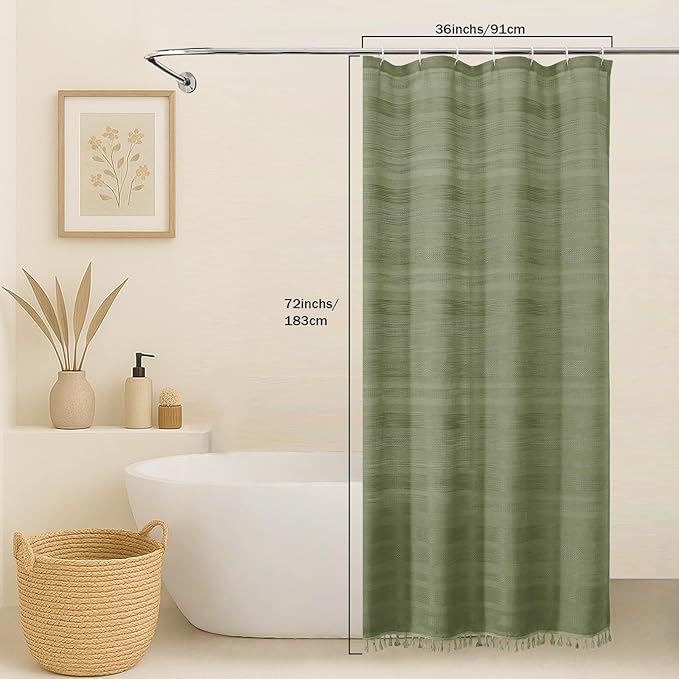 OVZME Sage Green Boho Stall Shower Curtain, Narrow Soft Fabric Striped Linen Textured Bathroom Shower Curtain with Tassel, Modern Farmhouse Machine Washable Bath Decor, 36Wx72L Inches