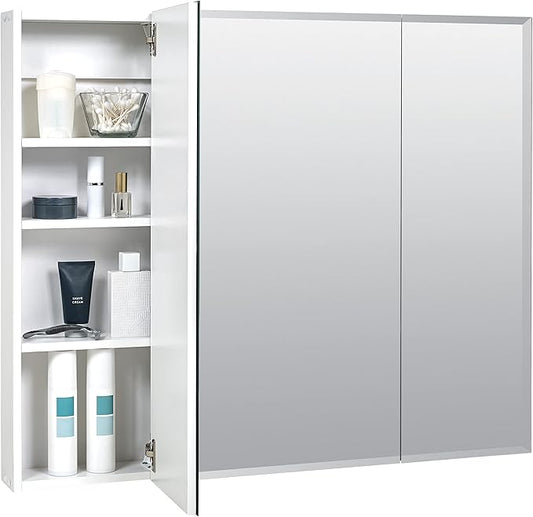 Zenith 29.75 in. W Beveled Tri-View Frameless Medicine Cabinet, Bathroom, White, Mirrored