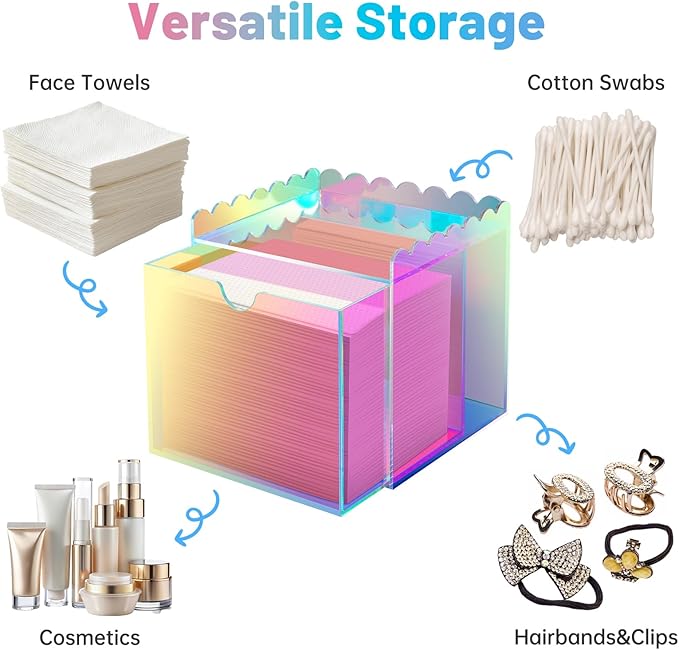NiHome Iridescent Disposable Facial Towels Storage Box Fit for Clean Skin Club Towel XL, Acrylic Facial Clean Towels XL Holder Container Drawer Makeup Organizer for Bathroom, Vanity Makeup