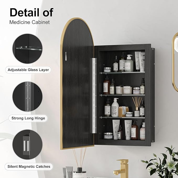 Recessed Medicine Cabinet,Brushed Brass Gold Arched Medicine Cabinet with Mirror for Bathroom,Metal Edge Mirrored Medicine Cabinets,in Wall Arch Medicine Cabinets Mirror with Storage 16x31