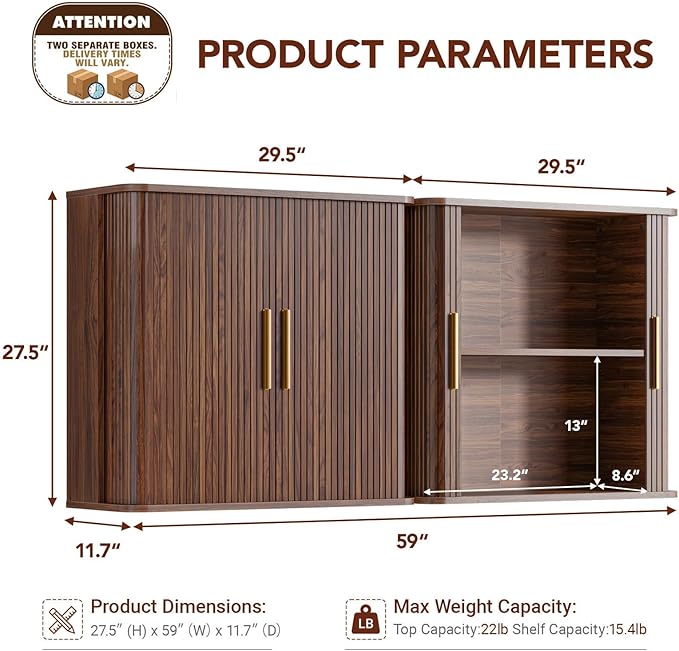 Furnaza 60" W Laundry Room Wall Cabinet with Fluted Sliding Door, Bathroom Medicine Cabinet with Adjustable Shelf, Wall Mounted Storage Cabinet for Laundry Room Kitchen