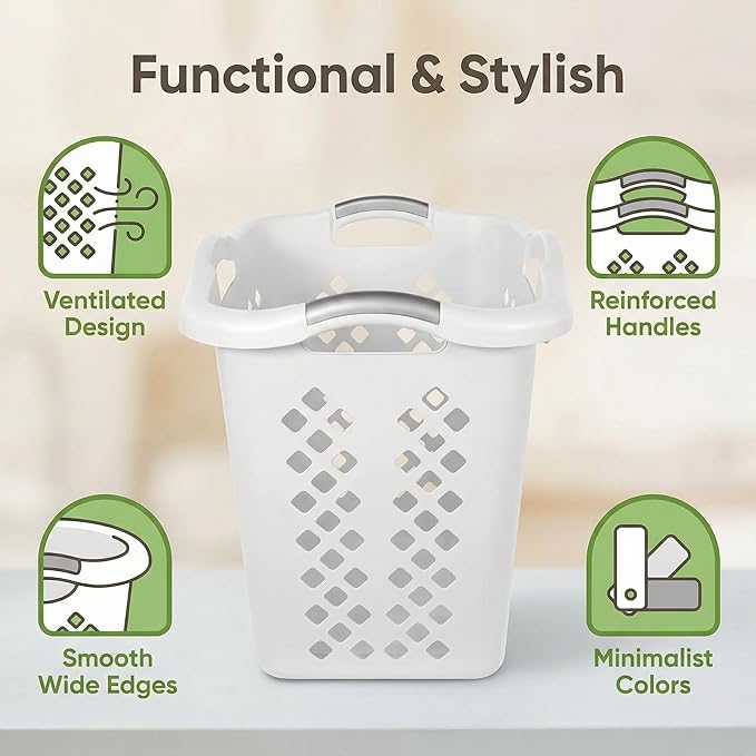 2-Pack Ultra Easy Carry Plastic Laundry Hamper, 2 Bushel Lamper Plastic Laundry Basket with Silver Handles,Dirty Clothes Laundry Hamper Bin for Home, Apartment (White)