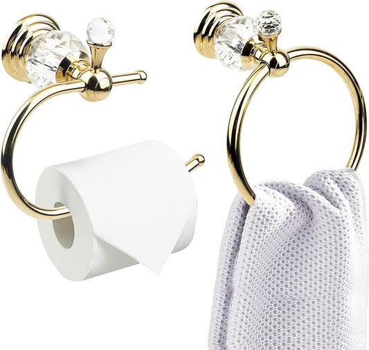 Luxury Crystal Series Toilet Paper Holder Wall Mouted Towel Ring, Gold Round Hand Towel Rack Decorative 2 Pieces Sets for Bathrooms