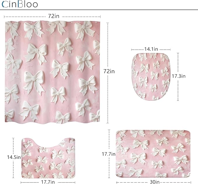 Cinbloo 4Pcs Pink White Bow Shower Curtain Set, Vintage Bowknot Oil Painting Bathroom Curtain with Rug, Toilet Lid Cover, Bath Mat, Girly Fashion Pretty Sweet Modern Shower Curtain with 12 Hooks