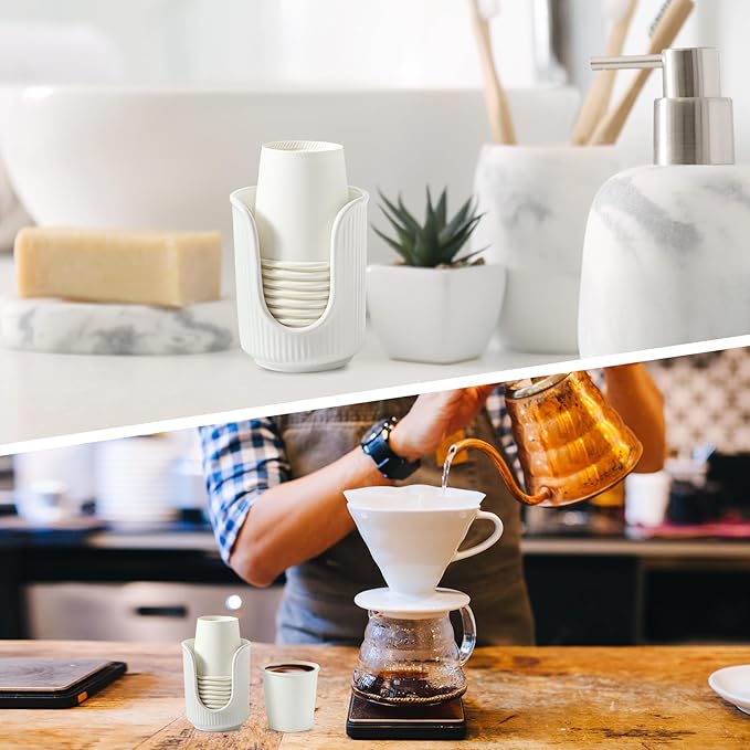 Dobbyby Ceramic Bathroom Cup Dispenser with Stylish Vertical Stripes - Disposable Mouthwash Cup Holder Holds 3-4oz Paper Cups for Rinsing Cups on Bathroom Vanity Countertops (White-White-2 Pack)