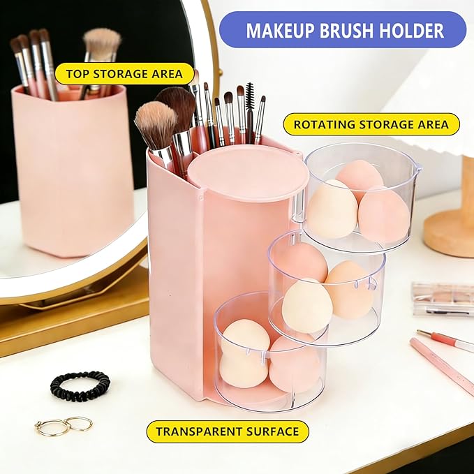 Hair Accessories Organizer With Hairbrush Holder, 3-Layer Clear Rotatable Hair Caddy And Brush Holder For Vanity, Holds Brushes, Ties, Bows, Clips & Jewelry Hair Tool Organizer Box(Pink)