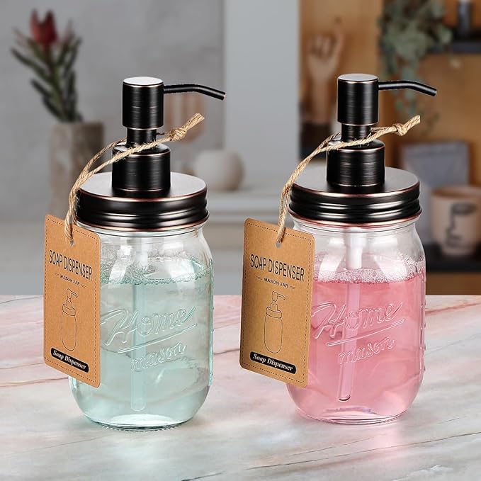 Amolliar Mason Jar Liquid Soap Dispenser Lid, Rust Proof Stainless Steel, Cute Farmhouse Decor for Kitchen, Bathroom, Bath, Refill Liquid Soap Pump for Hand Soap, Dish Soap, Lotion Soap, ORB 2 Pack