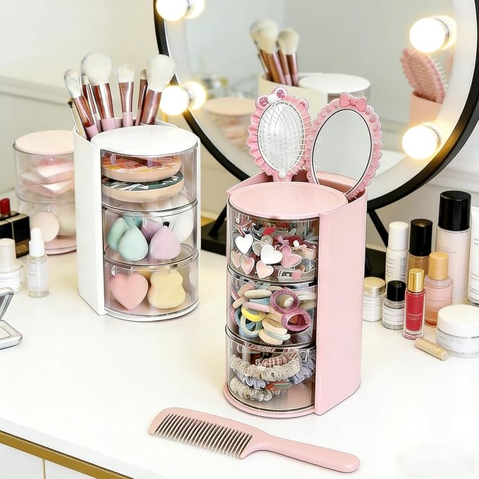 Hair Accessories Organizer With Hairbrush Holder, 3-Layer Clear Rotatable Hair Caddy And Brush Holder For Vanity, Holds Brushes, Ties, Bows, Clips & Jewelry Hair Tool Organizer Box(White)