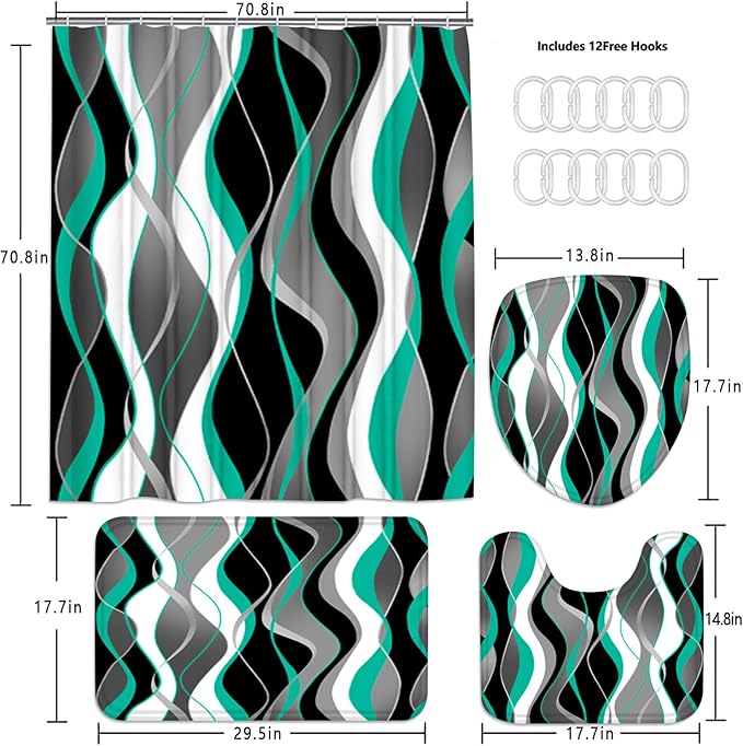 Nkzply 4 Pcs Green Striped Shower Curtain Set Teal and Black Bathroom Sets with Shower Curtain and Rugs Grey Modern Bathroom Decor Turquoise Shower Curtains with Rugs and Toilet Lid Cover