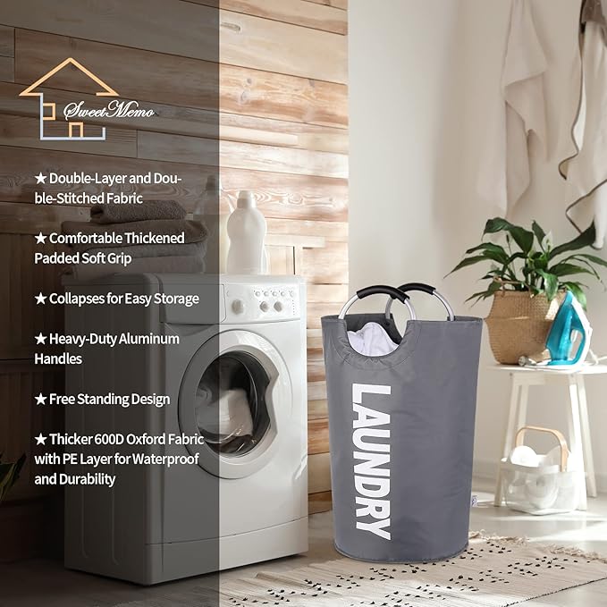Large Laundry Basket Collapsible，Freestanding Clothes Hamper Bag with Handles – Tall Folding Dirty Laundry Bin，Sturdy Laundry Sorter for College Dorm，Laundry Room – 130L (Dark Grey)