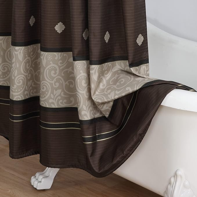 Long Fabric Shower Curtain, Brown Chocolate Tan Stripe Cloth Shower Curtains for Bathroom, Waterproof Bathroom Curtains, 62" W x 78" H