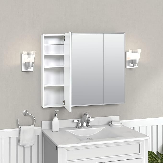 Zenith 29.75 in. W Beveled Tri-View Frameless Medicine Cabinet, Bathroom, White, Mirrored