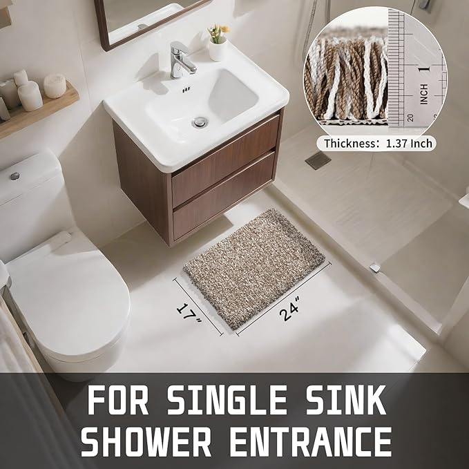 Yimobra Bathroom Rugs Non Slip Washable, Ultra Soft and Water Absorbent Bath Mats, Plush Fluffy Shower Mat Outside, Microfiber Thick Matts for Bathroom Floor/Sink, 24x17, Light Brown and White