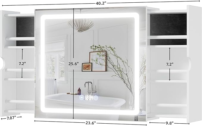 Led Lighted Bathroom Mirror Anti Fog Medicine Cabinet,Sliding Wall Mounted Bathroom Storage Cabinet,Medicine Cabinet with Storage and 3 Lighting Modes,White(Anti-Fog Mirror Cabinet with Light)