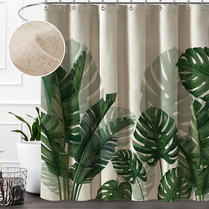 Baccessor Linen Shower Curtain 60 W X 72 L Inch Tropical Green Leaf Shower Curtains Botanical Banana Monstera Leaf Palm Tree Water Repellent Heavy Duty Small Shower Curtain for Bathtubs Hotel