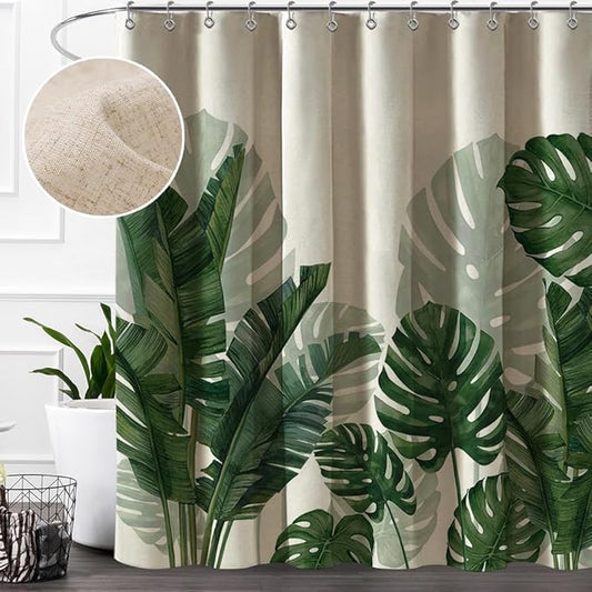 Baccessor Linen Shower Curtain 60 W X 72 L Inch Tropical Green Leaf Shower Curtains Botanical Banana Monstera Leaf Palm Tree Water Repellent Heavy Duty Small Shower Curtain for Bathtubs Hotel