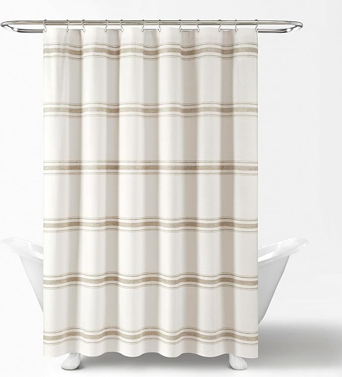 Lush Decor Farmhouse Stripe Cotton Shower Curtain, 72" W x 72" L, Neutral - Striped Bathroom Curtain - Fabric Shower Curtains - Farmhouse Bathroom Decor