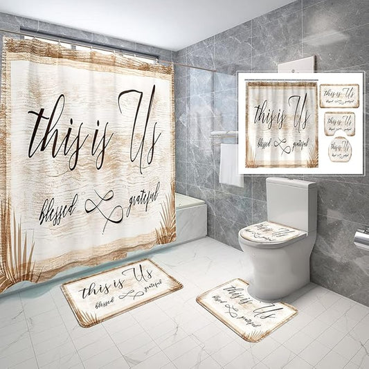 4 Piece Thankful Grateful Blessed Shower Curtain Waterproof Family Love Faith Quote Rustic Vintage Brown Wood Bathroom Sets with Non-Slip Rugs, Toilet Lid Cover and Bath Mat with Standard Size