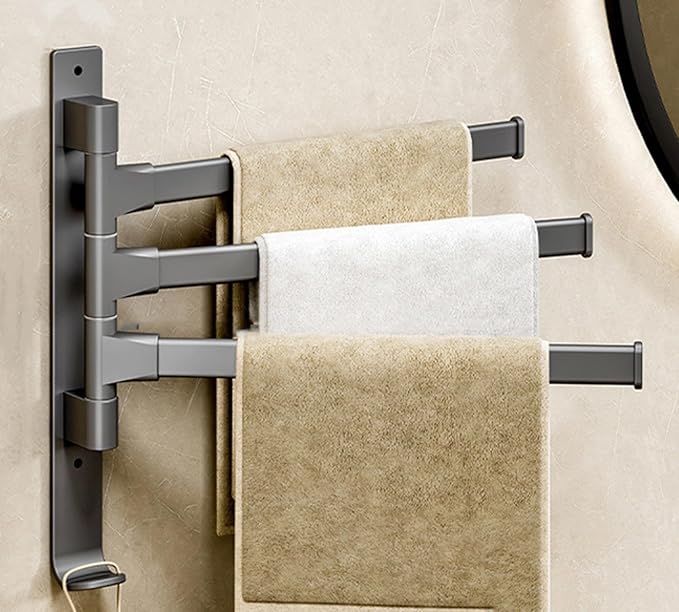 3 Arms Swivel Towel Rack Thicken Towel Holder with Hook Space Saving Towel Bar Wall Mount Swivel Towel Racks for Bathroom Kitchen-Grey