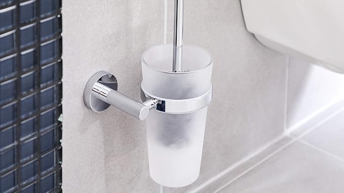 tesa EXXCELLENT Toilet Brush Holder - Wall-Mounted, Stainless-Steel Toilet Brush with Bowl in Frosted-Glass Design - Waterproof, incl. Power.Kit Adhesive Solution - 445mm x 94mm x 136mm