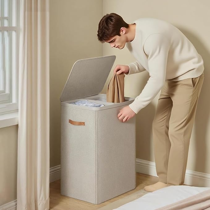 150L Laundry Basket with Lid, Large 2 Compartments Laundry Hamper with Handles & laundry bag Removable in Laundry Room, College Dorm, Bathroom, Bedroom (white)