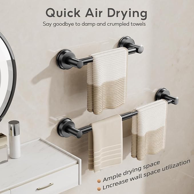 Adjustable Suction Cup Towel Bar for Bathroom Wall,14.6Inch~24 Inch Towel Racks for Bathroom, SUS304 Stainless Steel Bathroom Towel Holder,Bathroom Accessories Brushed Nickel Towel Rack (2pcs Black)