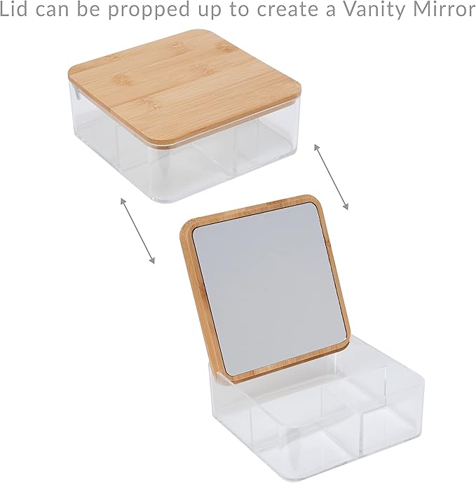 Simplify 3 Compartment Organizer with Bamboo Lid | Mirror | Perfect for Jewelry | Cosmetics | Accessories | Vanity & Countertop | Keepsake Storage Box | Clear