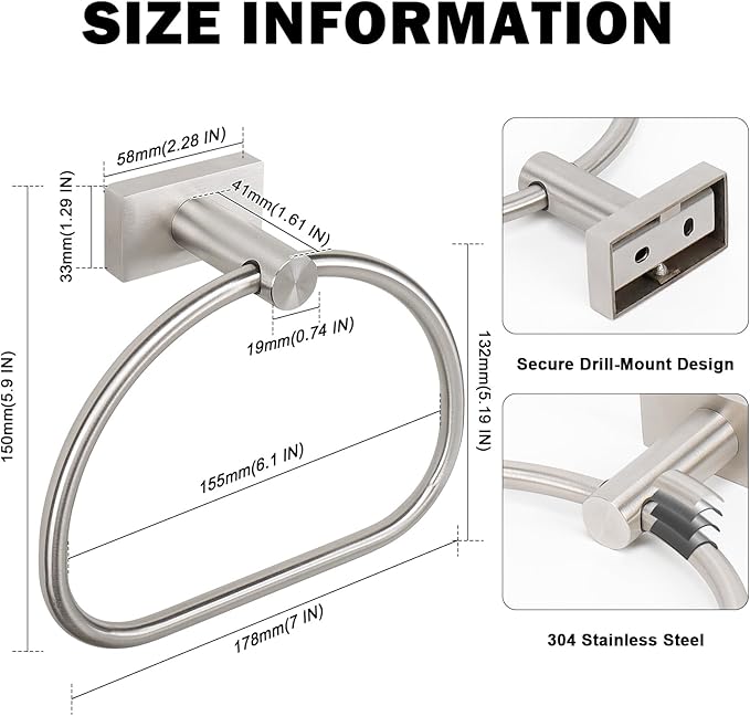 Livabber Towel Ring for Bathroom, 304 Stainless Steel Hand Towel Holder, Heavy Duty Towel Hanger for Bath, Kitchen, Hotel (2.3″ Screw-Mounted Base, Brushed Nickel)