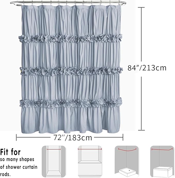Fog Blue Ruffle Shower Curtain 72“ W x 84” H, Vintage Handcrafted Bow Tie Bath Curtain for Master Bathroom, Ruched Microfiber Bathroom Curtain with 12 Buttonholes (LQ-10)