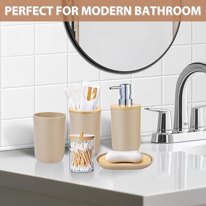 iMucci Bathroom Accessories Set 5Piece Beige Bathroom Sets, Toothbrush Holder, Toothbrush Cup, Lotion Soap Dispenser, Soap Dish and Qtip Holder Bathroom Decor