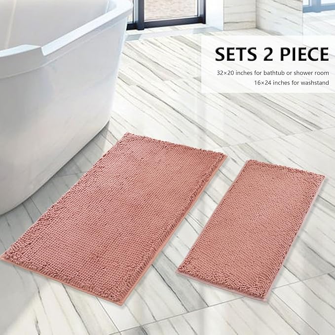 BOANKODU Bathroom Rugs Sets 2 Piece, Extra Soft Chenille Bath Mat Absorbent Bathroom Rug, Bathroom Mat with Sturdy PVC Non-Slip Bottom, Machine Washable Bath Rugs (32x20 Inch + 24x16 Inch, Deep Pink)