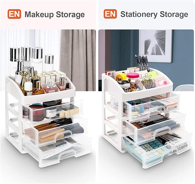 Makeup Organizer for Vanity, Skincare Organizers with 3 Drawers, Cosmetics Organizer for Skin Care, Eyeshadow, Brushes, Lipstick, Powders, Nail Polish.Great for Dresser, Bedroom, Bathroom (White)